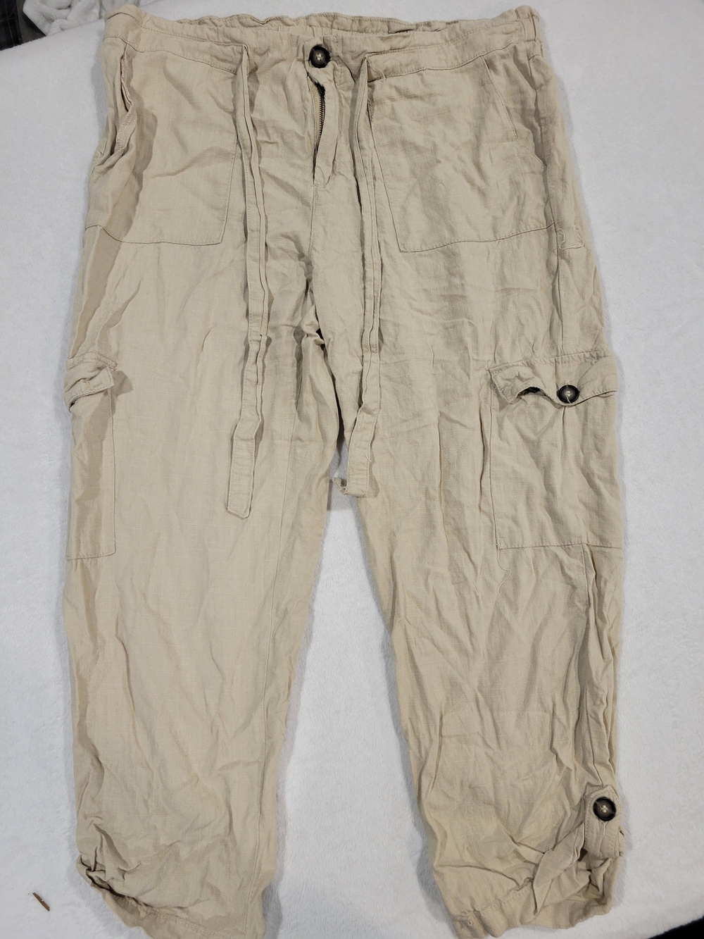 Women's Lightweight Beige Cargo Pants - Casual Drawstring Waist